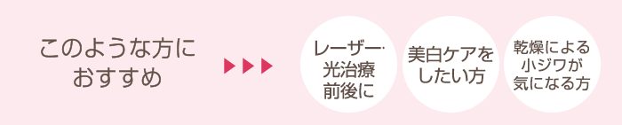 このような方におすすめ レーザー・光治療前後に 美白ケアをしたい方 乾燥による小ジワが気になる方